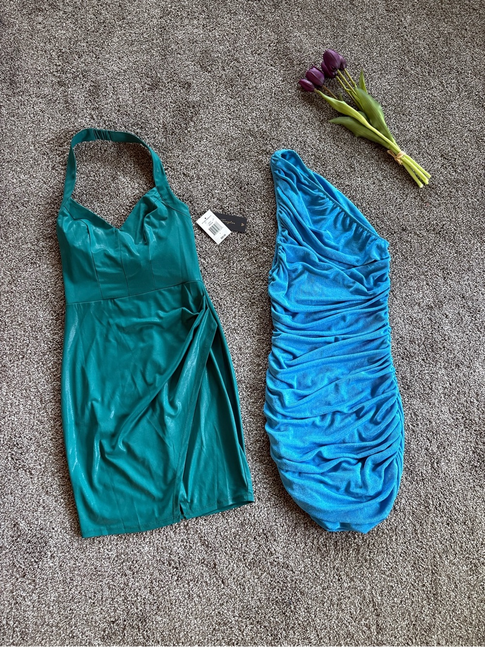 2 Dress Bundle Lioness Teal Halter Mini & Bright Blue Ruched Mini Dress